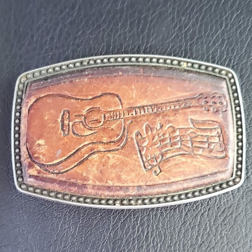 Vintage Alumaline Acoustic Guitar Music Notes Leather Belt Buckle Brown